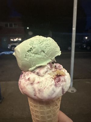 Pistachio and marionberry   at Kate's Ice Cream in Portland