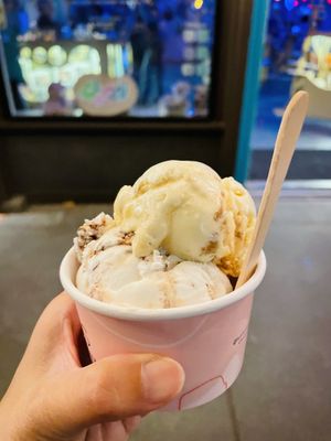 Peach crisp and almond joy, split scoop  at Kate's Ice Cream in Portland