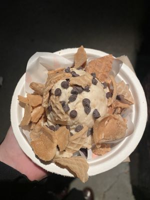 Brownie topped with PB Ice Cream, waffle cone, and chocolate chips  at Kate's Ice Cream in Portland