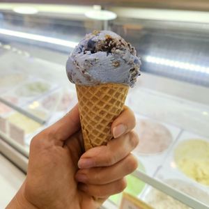 Cookie Monster: Extra Small Scoop on a Sugar Cone at Kate's Ice Cream in Portland