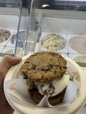 Ice cream cookie sandwich (featuring the blueberry pie ice cream)  at Kate's Ice Cream in Portland
