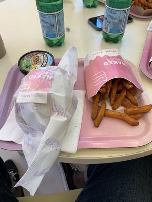 Menu with sweet potatao Bacon Burger and one desert at Naked Burger - 6ème in Paris