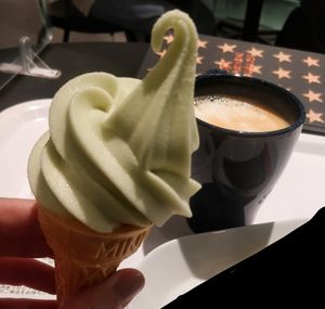 Took me a while to realize the veggie soft cream flavors are seasonal -- the current one is kiwi!! They also have this oat latte for around 350¥ at IKEA - Shibuya in Tokyo