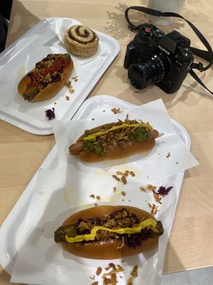 Cinnamon roll (100y), veggie dog (130y)  at IKEA - Shibuya in Tokyo