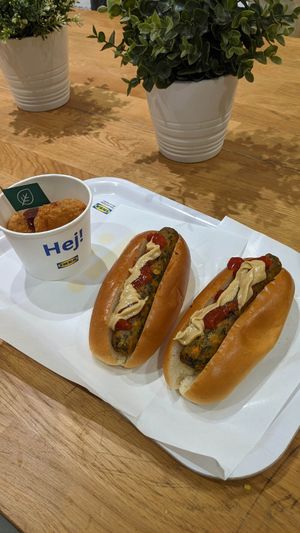 Basic hot dogs and Karaage from the stand downstairs at IKEA - Shibuya in Tokyo
