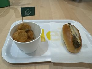 Karaage + veggie dog w/ mustard at IKEA - Shibuya in Tokyo