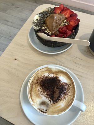 Vitamin Sea açai bowl and almond cappuccino  at Nāmaka in Broadstairs