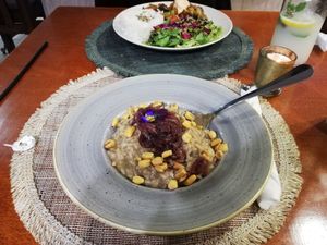 Vegetable ratatouille and mushroom risotto at Santo Seitan in Sao Miguel