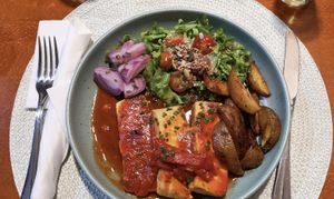 Tofu with typical Azorean sauce and baked potatoes   at Santo Seitan in Sao Miguel