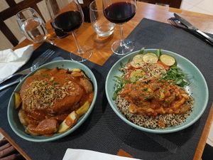 Vegan sweetbread with tofu, sausage and roast potatoes and then a mushroom ragu with quinoa. at Santo Seitan in Sao Miguel