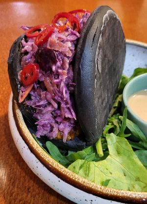 BBQ seitan bao bun at Santo Seitan in Sao Miguel