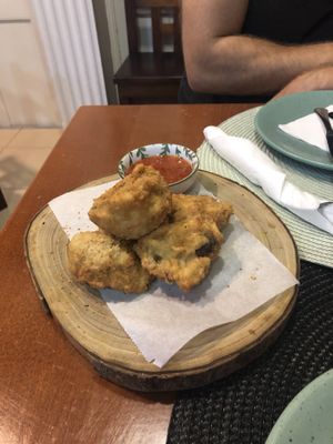 Breaded mushroom starter (REALLY nice textures!)  at Santo Seitan in Sao Miguel
