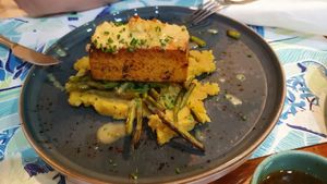 Smoked Tofy on beans and mashed sweet potatoes at Santo Seitan in Sao Miguel