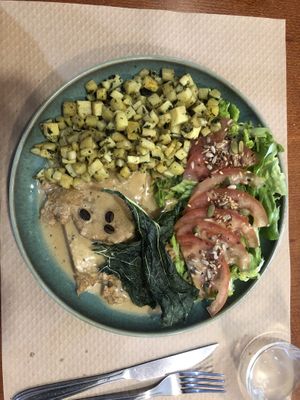 Seitan steak in house sauce with sweet potatoes.  at Santo Seitan in Sao Miguel