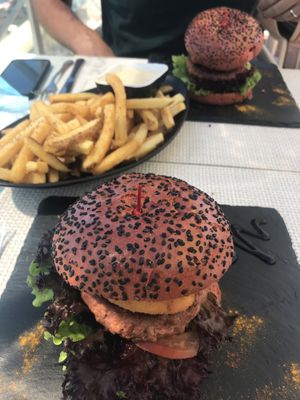 Vegan burger and fries  at Sea View in Porto Moniz