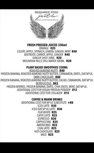 Refreshments menu at BSquared Food - Just Be in Western Cape