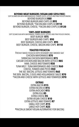 Brunch/lunch menu at BSquared Food - Just Be in Western Cape