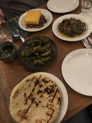 Polenta with mushrooms 🍄. Green beans with tomato and herbs 🍅.  Padron peppers with salt and chilli 🫑🌶. Flatbread 🫓    at Sylvan in Glasgow