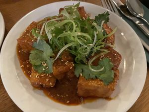Tofu with gochujang and sesame (£12)  at Sylvan in Glasgow