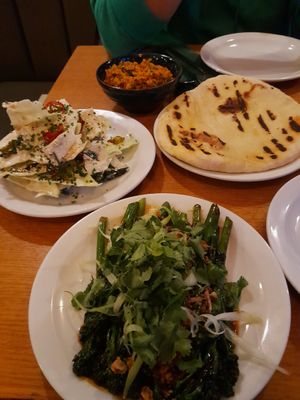 Broccoli, cabbage, carrots and flatbread at Sylvan in Glasgow