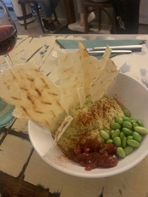 Paté de edamame, tataki de tomate, pan carasau.   at La Mujer de Verde in Mallorca