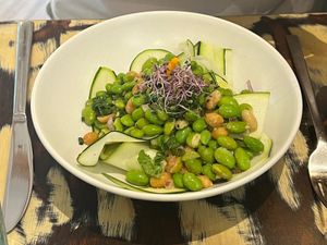 Courgette and edamame beans with lime dressing- yum! at La Mujer de Verde in Mallorca