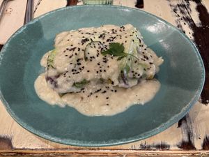Cauliflower carbonara sauce with corn-spinach pie  at La Mujer de Verde in Mallorca