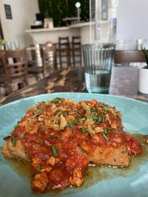 Polenta with soy bolognese and crispy onions  at La Mujer de Verde in Mallorca