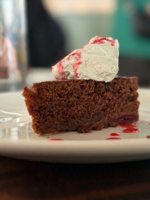 Black Forest cake with cherry sauce.  at La Mujer de Verde in Mallorca