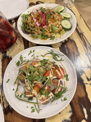 Tomato nectarine salad and chickpea and rice salad  at La Mujer de Verde in Mallorca