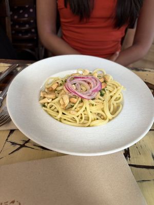 Linguine with pesto and almond parmesan   at La Mujer de Verde in Mallorca