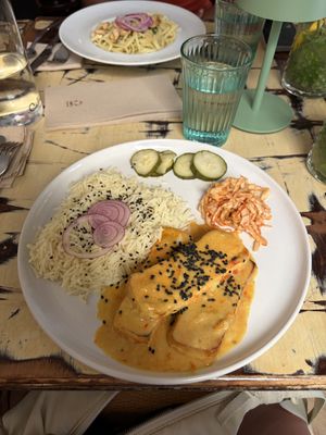 Korean tofu with rice and kimchii  at La Mujer de Verde in Mallorca