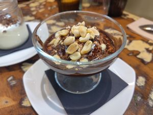 Peanut chocolate mousse (amazing) at La Mujer de Verde in Mallorca