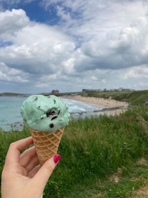 Mint choc chip with a view 😍🌱🍦 at Pink Flamingo Vintage Ice Cream Van in Newquay