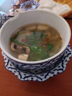 Starter; Tom Jued: vegeteble soup with glass noodles and tofu. at Buddha Garden in Apeldoorn