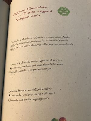 Vegan menu  at Zum Turm in Kastelruth