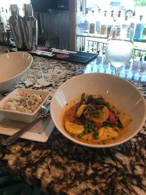 Red Coconut Thai Curry with Toasted Coconut Jasmine Rice at Wallace's at the Greenhouse in Homosassa