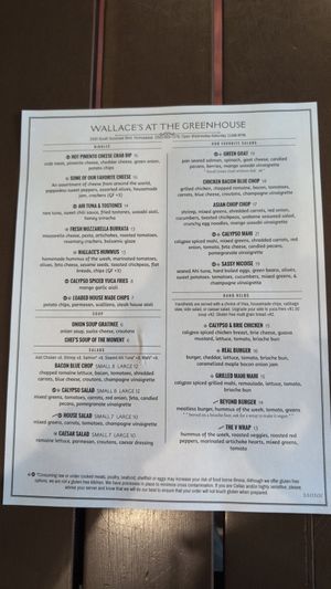 Menu at Wallace's at the Greenhouse in Homosassa