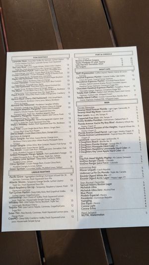 Drink menu at Wallace's at the Greenhouse in Homosassa