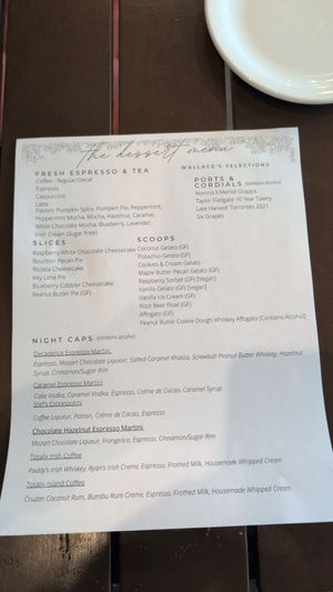 Dessert menu at Wallace's at the Greenhouse in Homosassa