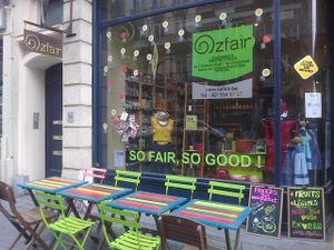 The outside of Ozfair restaurant/fairtrade shop at Ozfair in Brussels