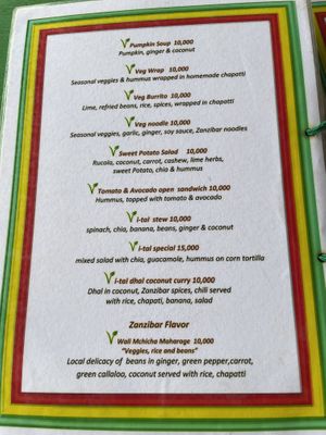 Menu at Sativa Café Zanzibar in Zanzibar