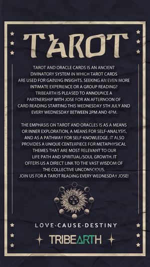 Join us for a free tarot reading every Wednesday with Jose!

*

Entry: Free
Time: 2pm to 4pm
📌 Venue: Tribearth Diani Beach, located between Kaskazi Beach Resort and The B at Tribearth  in Diani Beach