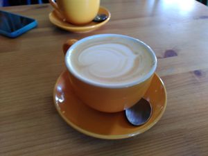 Decaf oat latte (March 2024) at Little Yellow Pig in Chester