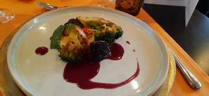 Roasted broccoli and portobello over mashed potatoes at Strandhotel Restaurant in Weissensee
