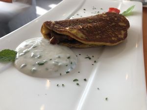 Vegan chickpea omelette at brekafast at Strandhotel Restaurant in Weissensee