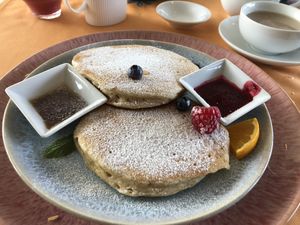Vegan pancakes at breakfast  at Strandhotel Restaurant in Weissensee