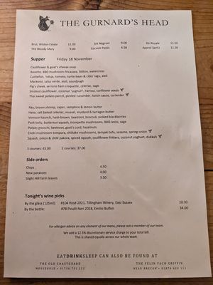 Menu 18 November 2022 at Gurnard's Head in St Ives