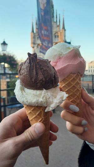Chocolate/orange, galia melon, grapefruit/raspberry, pineapple/mint at David's Gelato Café in Gouda