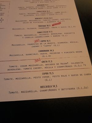 Menue at Disco House Funky Pizza in Palafrugell